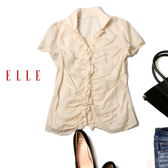 ☆☆ 美品 イトキン(株) ELLE エル ☆☆ 綺麗め フリル・ギャザー コットン ブラウス 38号 M 春 夏 21A06拍卖
