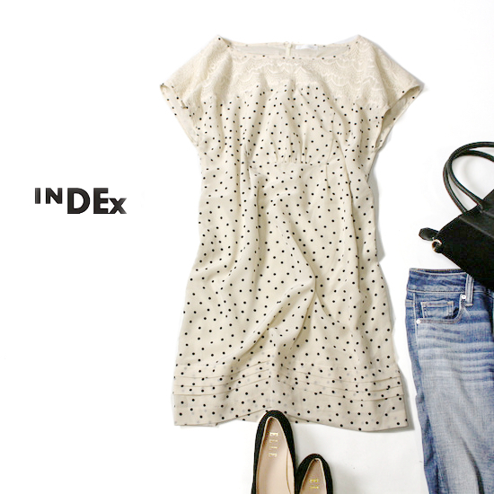 美品 (株)ワールド INDEX インデックス 可愛い ドット柄 レース切り替え とろみ ワンピース M 夏 20B09拍卖