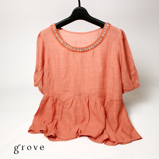 美品 (株)ワールド grove グローブ 可愛い ビーズ スパンコール付き レーヨン シャンブレー カットソー M 19A07拍卖
