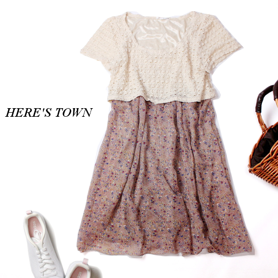 ☆☆ 美品 ヒアーズタウン HERE'S TOWN ☆☆ 可愛い レース切り替え シフォン ドッキングワンピース 38号 M 春 夏 21B07拍卖
