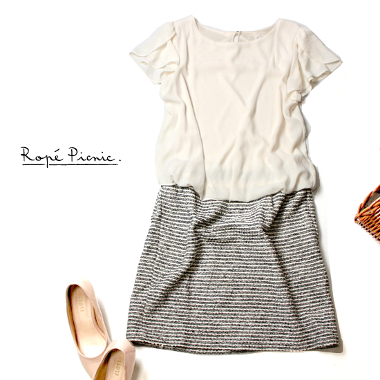 ☆☆ Rope Picnic ロペピクニック ☆☆ 大人可愛い ストレッチ ニット切替え とろみ ジョーゼット生地 ワンピース 38号 M 春 夏 21A06拍卖