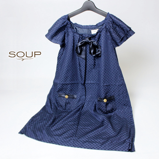 美品 (株)ワールド SOUP スープ 可愛い 胸リボン 同色ドット柄 コットン混紡 シルク ワンピース 9号 M 19B09拍卖