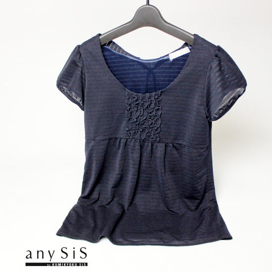 美品 (株) オンワード樫山 anySiS 可愛い フリル シャドーボーダー柄 半袖 ストレッチ カットソー 2号 M 19A07拍卖