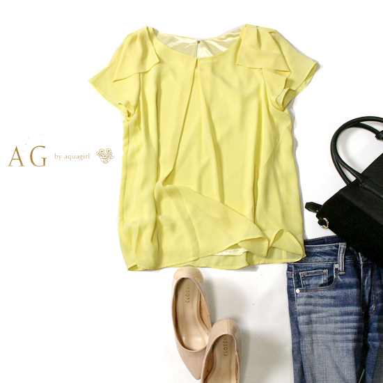 美品 (株)ワールド AG by アクアガール 可愛い フリルスリーブ とろみジョーゼット生地 カットソー M 夏 20A09拍卖