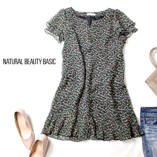 ☆☆ 美品 NATURAL BEAUTY BASIC ナチュラルビューティーベーシック ☆☆ 可愛い花柄・フリル シフォンチュニック S 春 夏 21D05拍卖