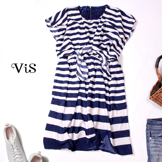 ☆☆ 美品 (株)ジュン ViS ビス ☆☆ 可愛いボーダー柄 リボン重ね とろみワンピース LT 春 夏 21A08拍卖