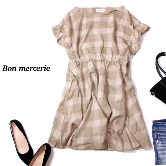 ☆☆ 美品 Bon mercerie ☆☆ 可愛いブロックチェック柄 ウエストゴム レーヨン ワンピース 38号 M 春 夏 21B08拍卖