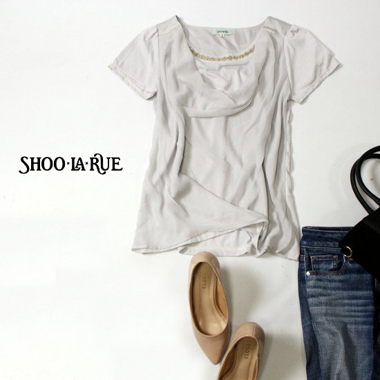 美品 (株)ワールド SHOO-LA-RUE シューラルー ビーズ付き シフォンドレープ 綺麗め ストレッチ カットソー S 20A08拍卖