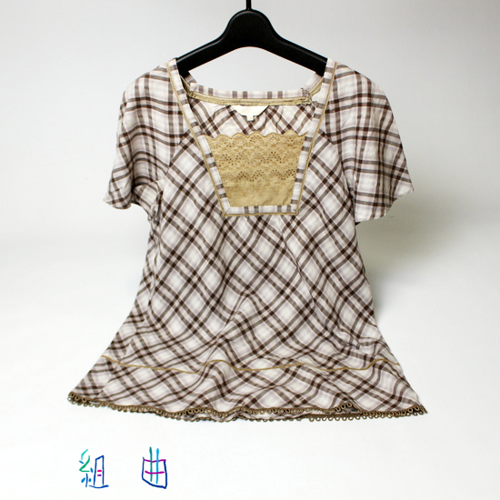 美品 KUMIKYOKU 組曲 可愛い ラメ 格子柄 コットン 胸レース 半袖 カットソー 3号 L 19A06拍卖