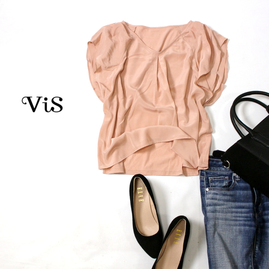 美品 (株)ジュン vis ビス 可愛い デザインスリーブ ストレッチ切替え とろみ カットソー F 夏 20A09拍卖