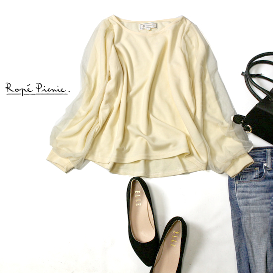 ☆☆ 美品 Rope Picnic ロペピクニック ☆☆ 大人可愛い チュール重ね ストレッチ 春 カットソー 36号 S 20C09拍卖