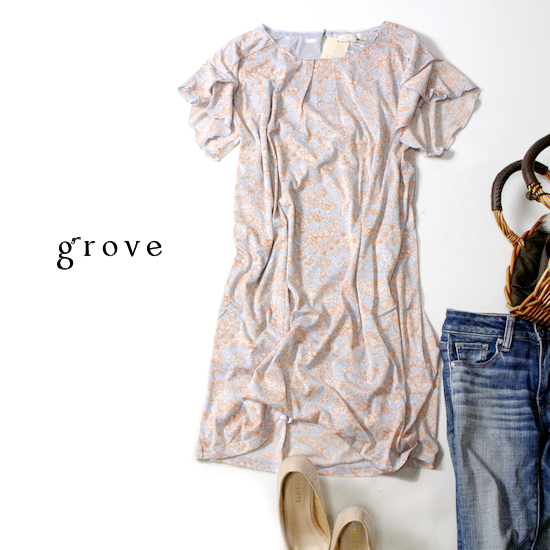 未使用 (株)ワールド grove グローブ 可愛い フリル袖 フラワープリント ストレッチ ワンピース L 春 夏拍卖