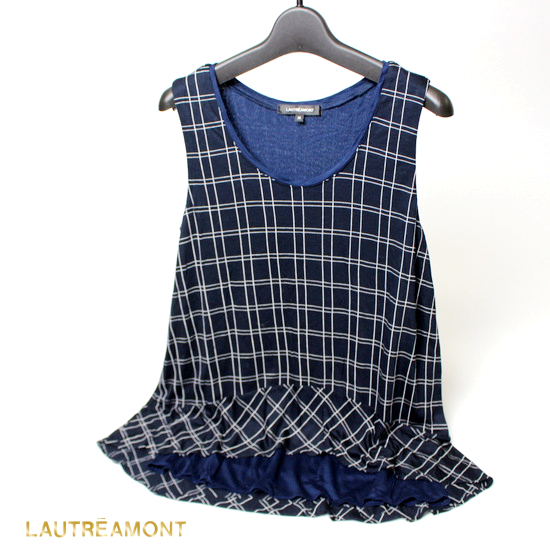 美品 LAUTREAMONT ロートレアモン 可愛い 格子柄 レーヨン ストレッチ ノースリーブ カットソー 38号 19C08拍卖