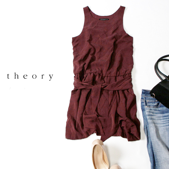 美品 Theory セオリー 大人可愛い ウエストリボン一体 ノースリーブ シルク ワンピース 0号 20D07拍卖