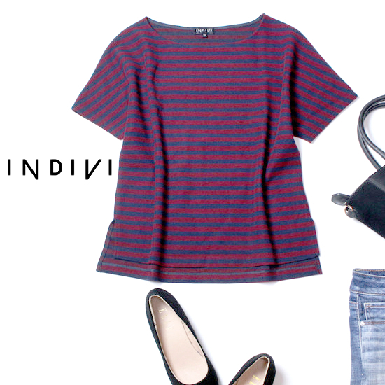 ☆☆ 美品 INDIVI インディヴィ ☆☆ 可愛いボーダー柄 ウール混紡 サマーニット プルオーバー 38号 M 春 夏 21C07拍卖