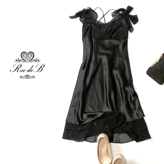 美品 Rue de B リューデベー ラインストーン付き シフォン切り替え 艶ストレッチ フォーマルワンピース 1号 S パーティドレス 20B09拍卖