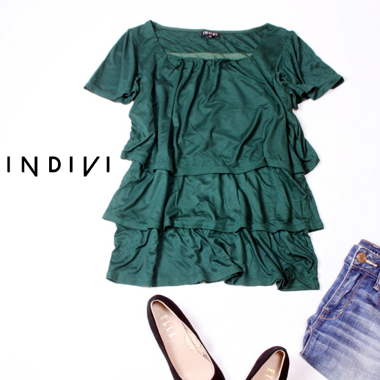 ☆☆ 美品 INDIVI インディヴィ ☆☆ 上品綺麗め 段フリル レーヨンストレッチ カットソー 38号 春 夏 22B03拍卖