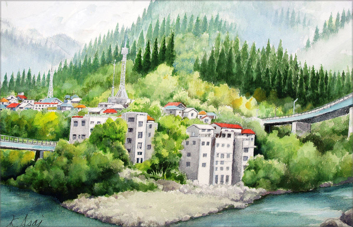 水彩画「霧晴れてー飛騨川の清流」真作拍卖