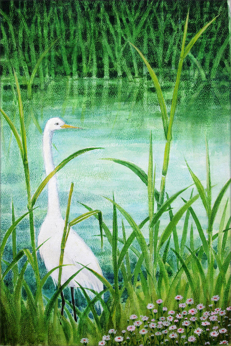 水彩画 生物細密画「気配ー白鷺」 真作ふ拍卖