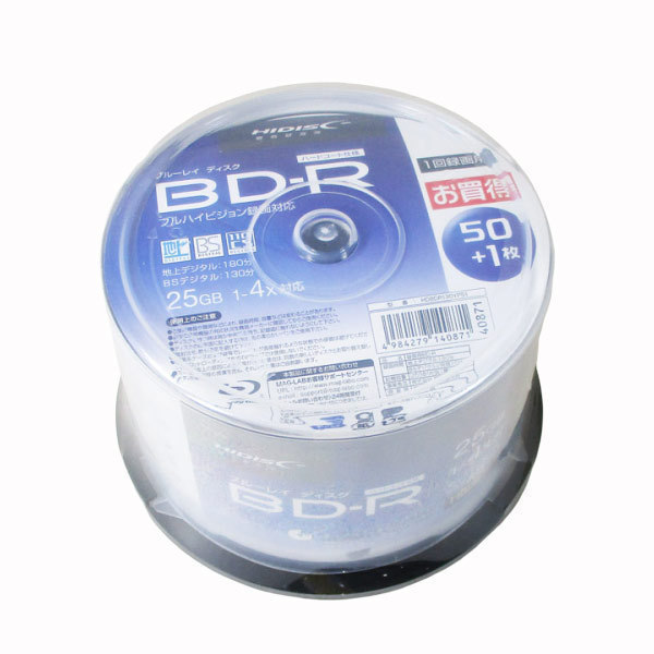 同梱可能 BD-R 録画用 51枚 BDR 25GB 4倍速 スピンドルHIDISC HDBDR130YP51 /40871x1個拍卖