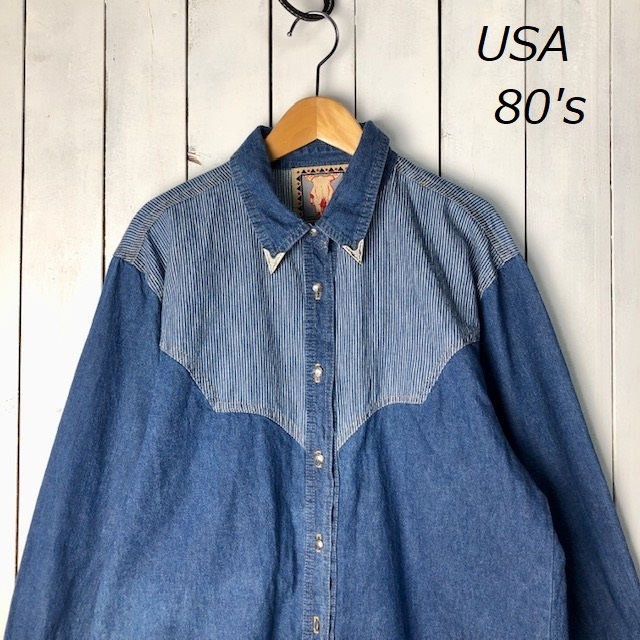 sh●302 USA古着 80s USA製 ヒッコリー切替 ウエスタンデニムシャツ M~L オールド ヴィンテージ ウエスタンシャツ 切り替え 長袖拍卖