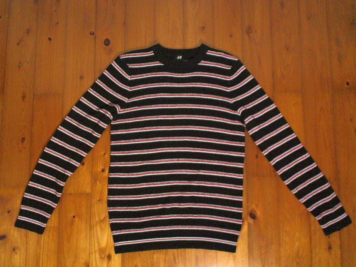 ★美品☆エイチ&エム【H&M】アクリル&コットン素材ニット ワッフルニット セーター 丸首 プルオーバー S 黒白赤拍卖