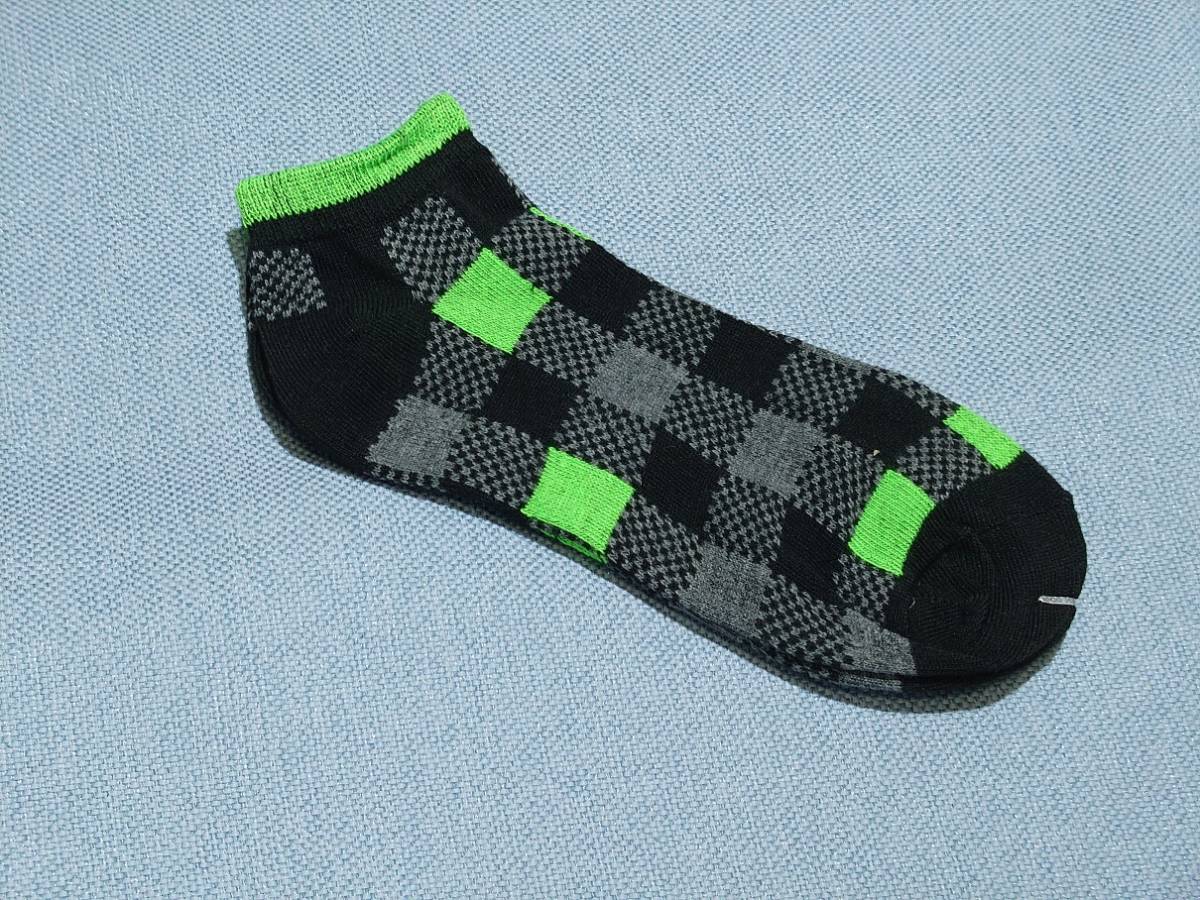 スニーカソックス チェック柄 グレー×ブラック・グリーン 19~23cm拍卖