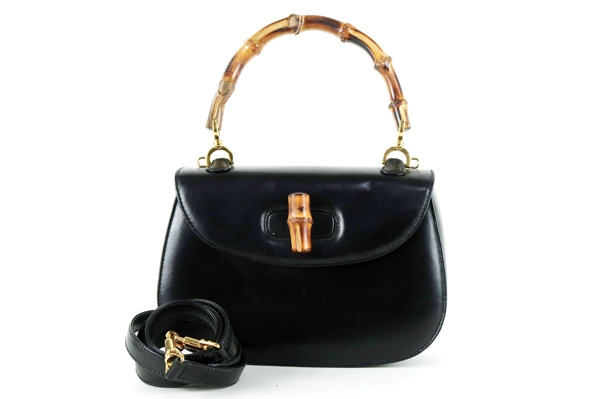 【美品】GUCCI グッチ バンブー 2WAYショルダー ハンドバッグ ブラック ウッド ブランド鞄 000・46・0188【JP33】拍卖