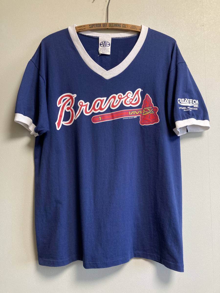 80s 90s ヴィンテージ USA製 BRAVES アトランタブレーブス Vネック リンガー Tシャツ MLB ベースボール 両面プリント アメカジ拍卖