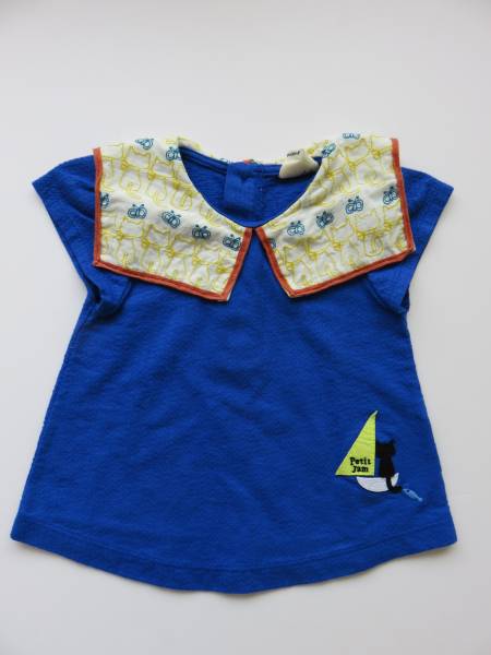 新品 プチジャム petitjam 80cm ブルー ちょうちょ ネコ 刺繍襟 セーラーカラー 半袖 トップス ブラウス 青 tシャツ ビッグ襟拍卖