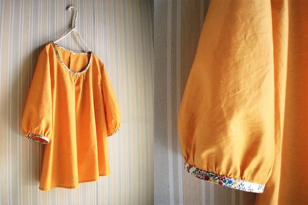 山吹色のプルオーバーブラウス★カラフル小花柄 ハンドメイド 拍卖