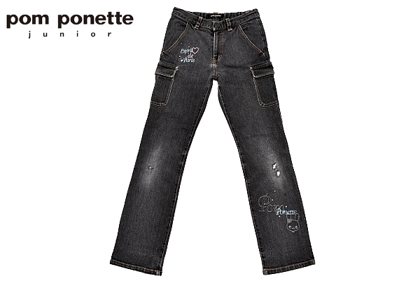 J6747★Pom ponette junior ポンポネット★刺繍 ワッペン ストレッチ ブラックデニム カーゴポケット付き ジーンズ S-140 拍卖