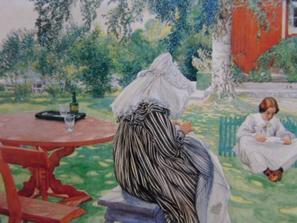 カール・ラーション、夏の日、庭にいるカーリンとブリータ、希少画集画、新品額装付、状態良好拍卖