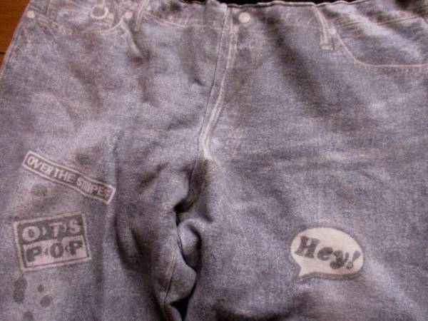 日本製 OVER THE STRIPES オーバーザストライプス デニム 転写 スウェット 重ね着風 パンツ Mサイズ拍卖