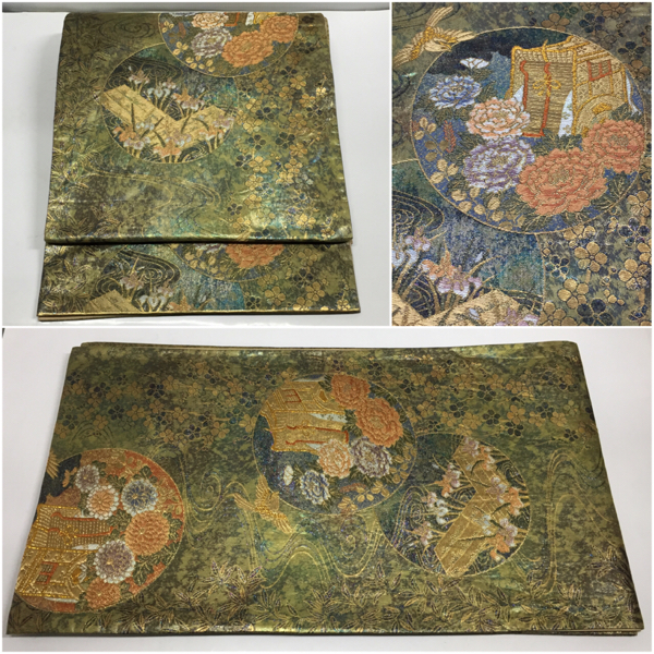 極上 逸品 御仕立て品 西陣織 六通柄袋帯 ラメ 玉虫色 薄金銀地 御所車花文様『英燭箔』138番拍卖