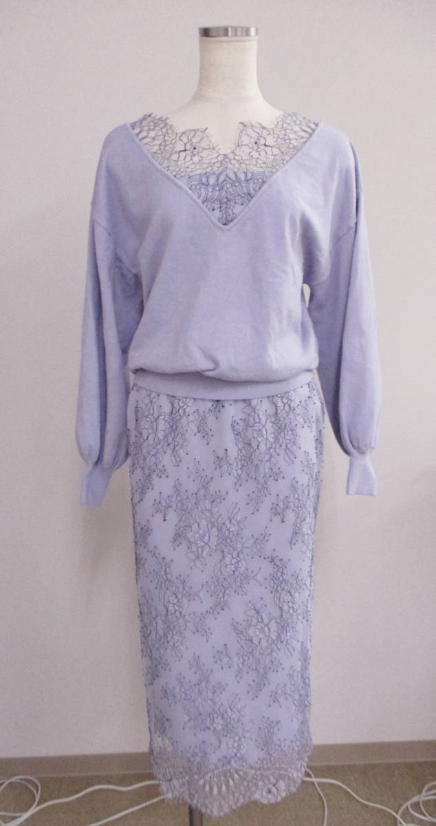 ☆1946【送料無料】FEERICHELU フェリーシェル 上下セット 八分袖 前後2wayニット M ひざ下丈 リバーシブルスカート S ラベンダー レース拍卖