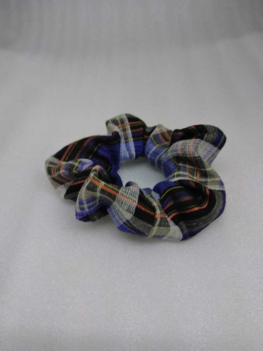 ☆ハンドメイド☆シュシュ 青系ブラックチェック拍卖