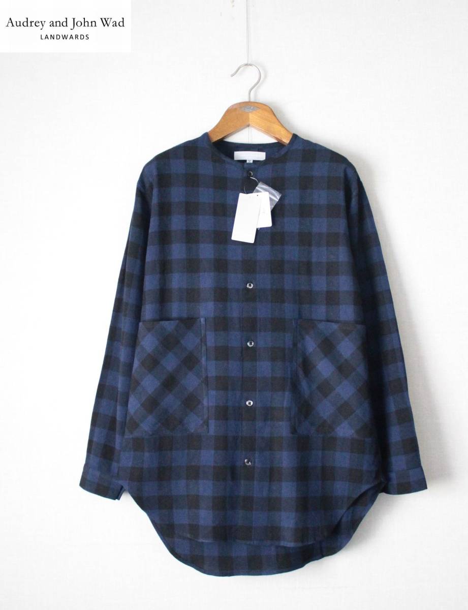 未使用【 Audrey and John Wad 】チェック 長袖 ビッグシャツ L A8103 定価\14,800+税 ノーカラー ロング オードリーアンドジョンワッド拍卖