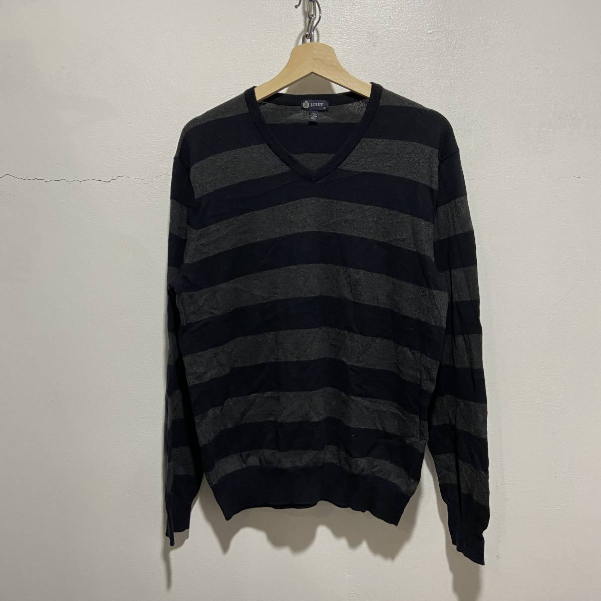 ☆送料無料☆J.crew☆Vネックコットンセーター☆ワイドボーダー☆ブラックグレー☆M☆カシミヤ混☆c22拍卖