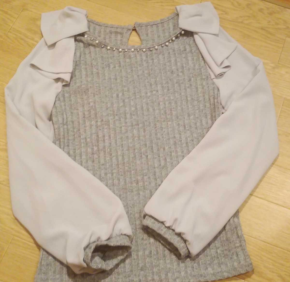 即決☆未着サンプル品☆グレー 肩リボン パール ビジュー付 ガーリー ニット プルオーバー M 定型外拍卖