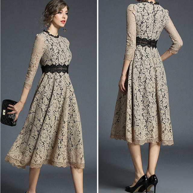 未使用 発表会 舞台衣装 パーティ フォ-マル 刺繍 総レ-ス ミモレ丈 M ワンピ-ス (OPN2035)拍卖