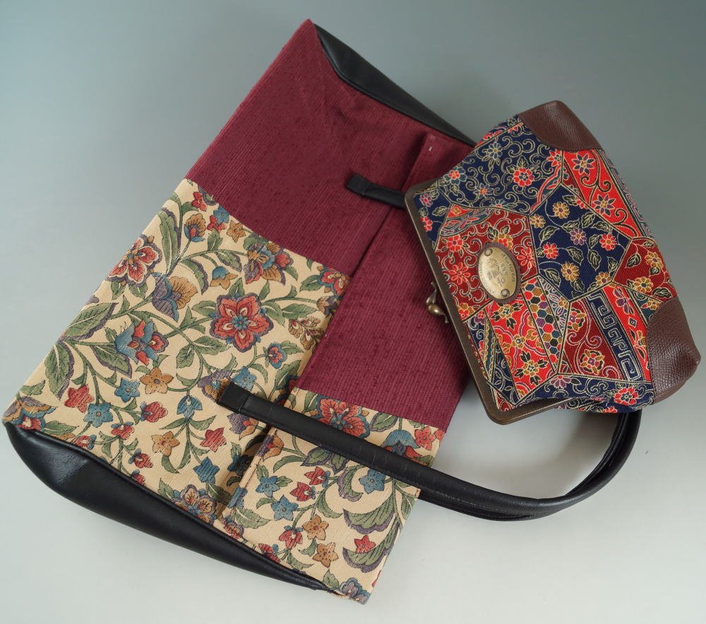 和装バッグ・がま口ポーチ 2点 セット 更紗模様 着物バッグ レトロ 中古 手提げ 女性和服 利休バッグ風 リサイクル着物 京都きもの天陽拍卖