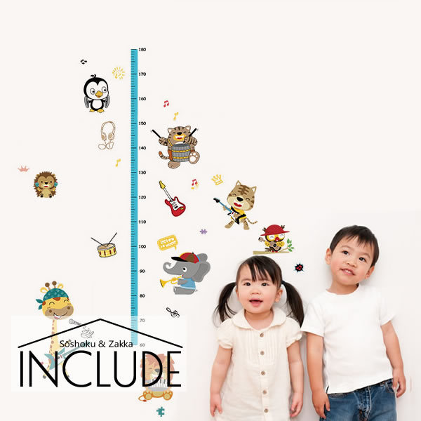 壁ステッカー ウォールステッカー 身長計 子供の成長記録 身長測定 目盛り 動物 演奏 バンド ライオン キリン ゾウ拍卖