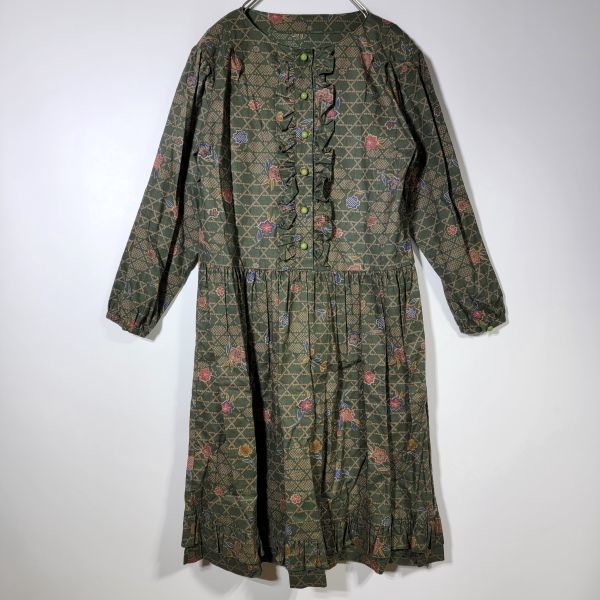 【レア】古着 レトロ Vintage 総柄 ワンピ 昭和レトロ ワンピース 70s80s クラシカル ビンテージ レトロ 綿 深緑拍卖