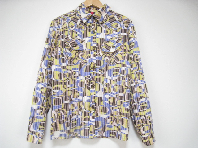 infect colors インフェクトカラーズ トップス シャツ 長袖 胸ポケット 茶×紫×黄 ブラウン×パープル×イエロー 総柄 サイズ1拍卖
