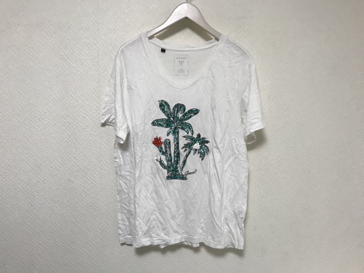 本物ゲスGUESSコットンレーヨンスパンコール半袖Tシャツアメカジサーフビジネススーツメンズ白ホワイトM拍卖