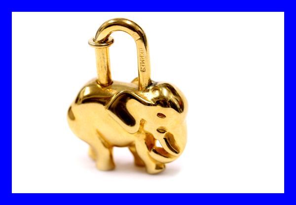 ●美品 エルメス Hermes エレファント 象 カデナ 錠 キーホルダー バックチャーム 金メッキ アニマル ネックレストップ ぞう ゾウ Z2902拍卖