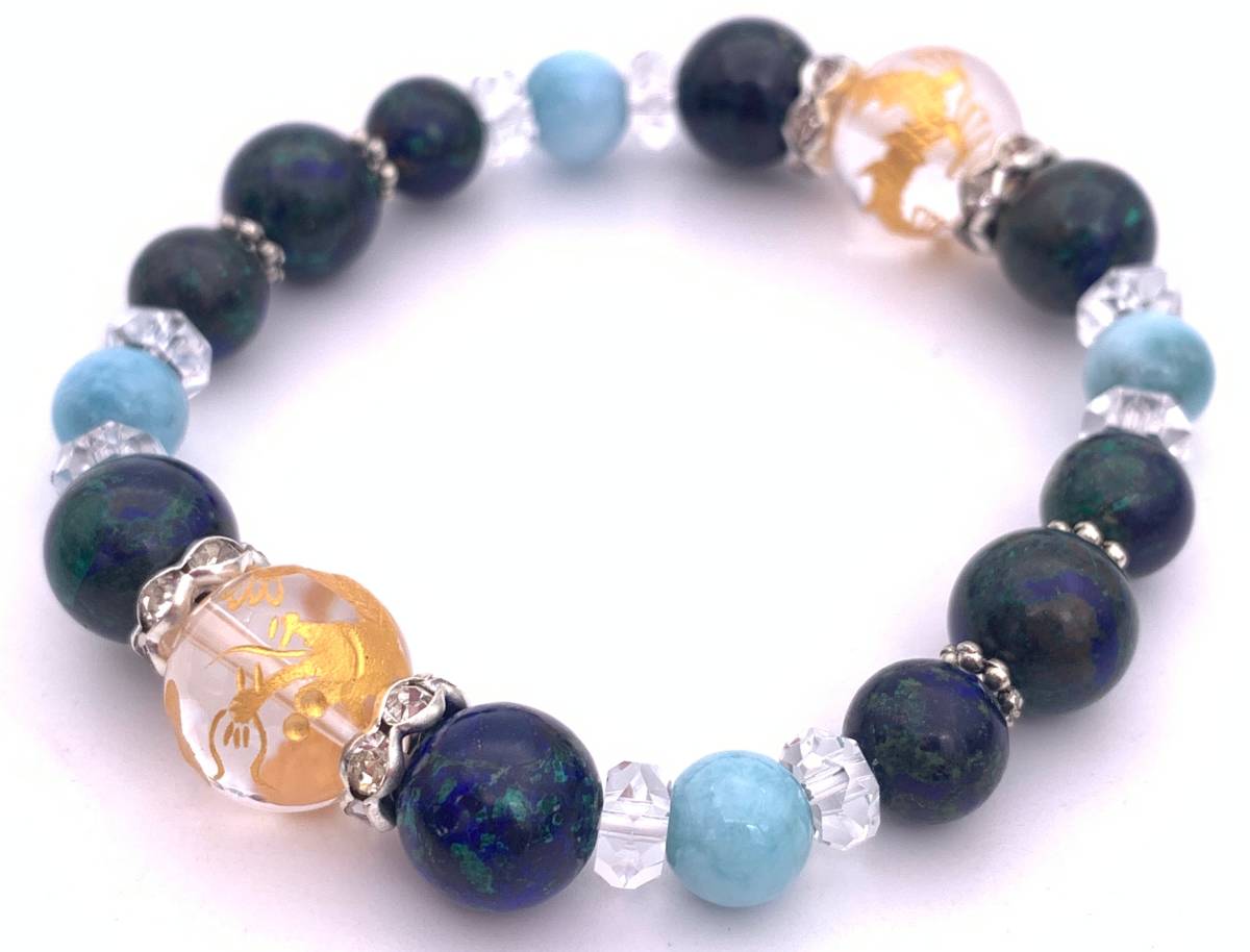 天然石水晶金彫り青龍12mm玉&アズライト&ラリマーのブレスレット拍卖