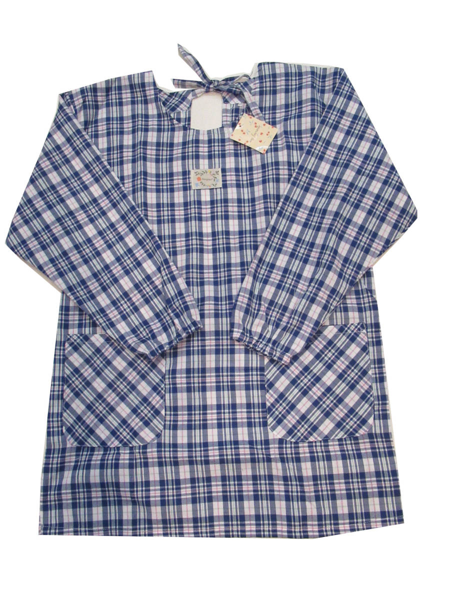 エプロン キッチン エプロン チェック柄割烹着 M~L ネイビー花と鳥 ka-e249拍卖