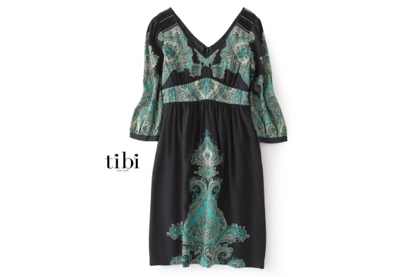 ★tibi★シルクペイズリープリント ビジュー付フレアワンピース  黒×グリーン系「セックス・アンド・ザ・シティ」主役着用ブランド拍卖